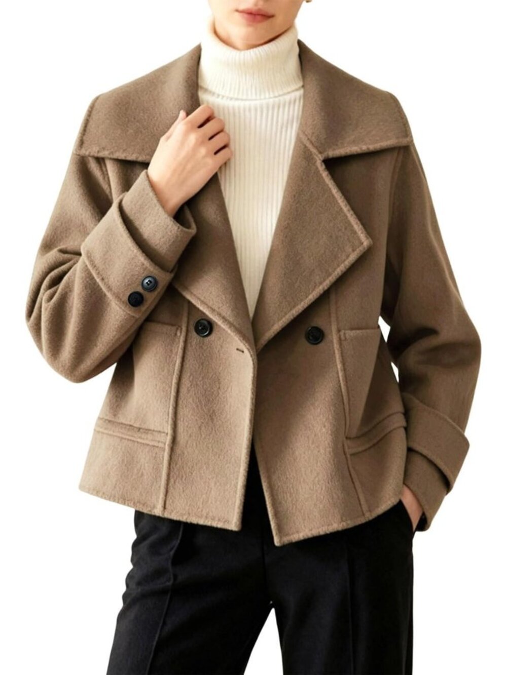 Chic Women's Cropped Wool Peacoat with Notched Lapel & Pockets - Stylish